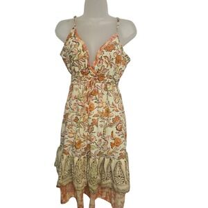 Chaudry Floral Print Midi Dress Boho Smocked Waist Tiered Ruffle Orange Pink M‎